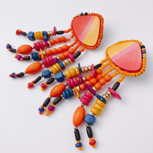 VTG Earrings Painted Wood Bead Boho Clip On Boho Tropical Chunky Eclectic 80s - Picture 4 of 12